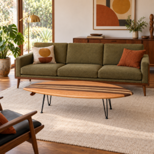 Surfboard-shaped walnut and oak coffee table in a midcentury modern interior