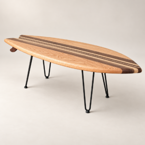 Handcrafted walnut and oak surfboard coffee table with wooden fin detail